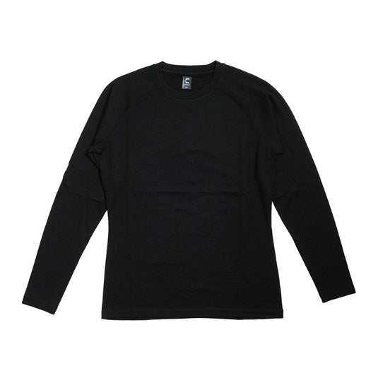 Kepler Womens Merino Base Layer, Black, displayed flat, features a lightweight, superfine merino wool construction with long raglan sleeves and a crew neck, ideal for outdoor work and activities.