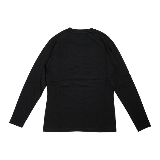 Kepler Womens Merino Base Layer, Black, shown flat from the back, features long raglan sleeves and a crew-neck design. This fitted merino wool shirt is ideal for outdoor activity enthusiasts prioritizing comfort and functionality.