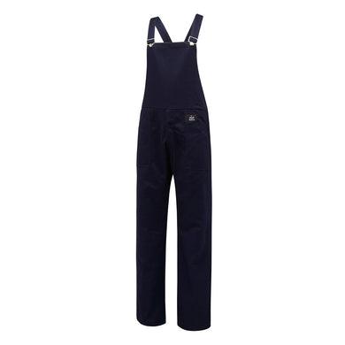 Hard Yakka Cotton Bib Overall, Navy, featuring a high front bib panel, adjustable shoulder straps with nickel-coated buckles, and patch pockets, ideal for robust workwear from Active Safety.