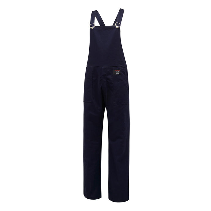 Hard Yakka Cotton Bib Overall, Navy, featuring a high front bib panel, adjustable shoulder straps with nickel-coated buckles, and patch pockets, ideal for robust workwear from Active Safety.