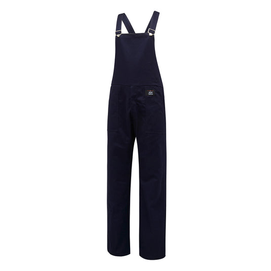 Hard Yakka Cotton Bib Overall, Navy, featuring a high front bib panel, adjustable shoulder straps with nickel-coated buckles, and patch pockets, ideal for robust workwear from Active Safety.