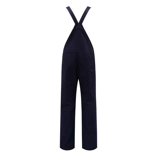 The Hard Yakka Cotton Bib Overall, Navy, features a high bib front with adjustable cross-back straps, heavy-duty nickel-coated buckles, and a straight-leg fit, ideal for robust work environments.