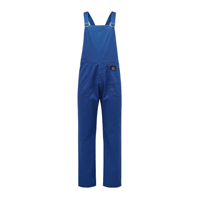 Hard Yakka Polycotton Bib & Brace Overall, Royal Blue, featuring adjustable shoulder straps, heavy-duty nickel-coated buckles, and a front chest panel with a logo patch on the right hip, ideal for active workwear.