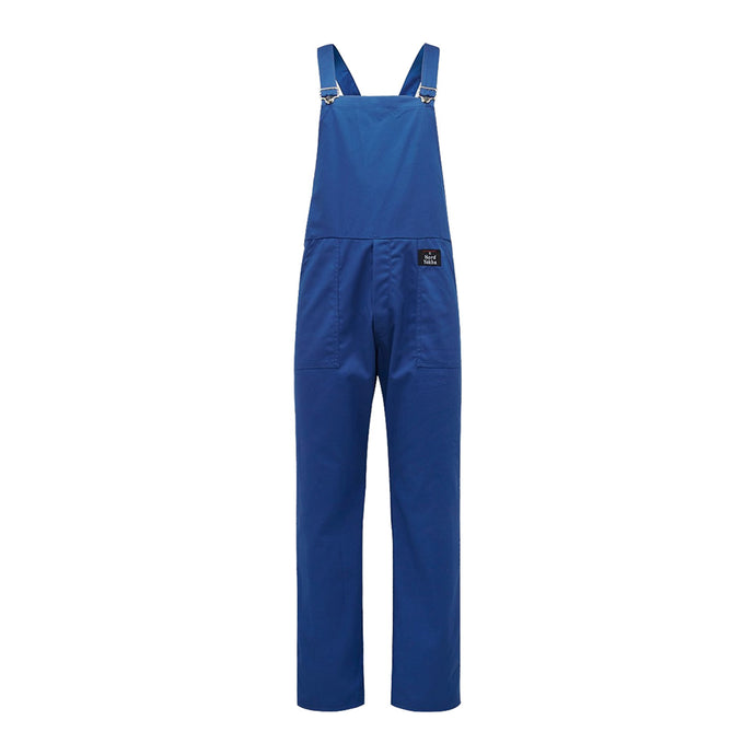 Hard Yakka Polycotton Bib & Brace Overall, Royal Blue, featuring adjustable shoulder straps, heavy-duty nickel-coated buckles, and a front chest panel with a logo patch on the right hip, ideal for active workwear.