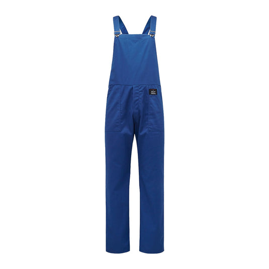 Hard Yakka Polycotton Bib & Brace Overall, Royal Blue, featuring adjustable shoulder straps, heavy-duty nickel-coated buckles, and a front chest panel with a logo patch on the right hip, ideal for active workwear.