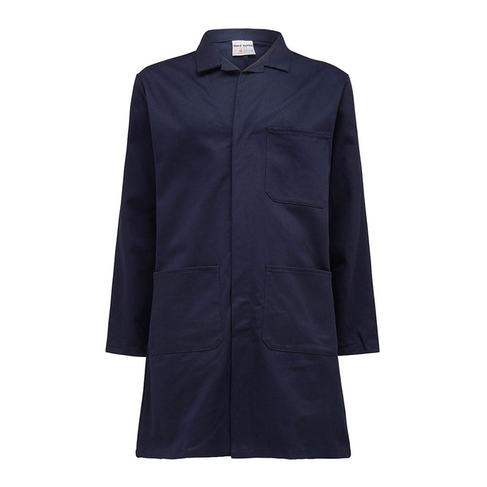 Hard Yakka Cotton Lab/Dust Coat, a durable navy-blue workwear piece with a turn-down collar, chest and hip pockets, and concealed front closure, ideal for professional safety and comfort.
