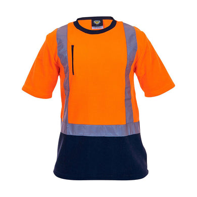 Caution Hi Vis Taped Fleece Crew Neck T-Shirt featuring bright orange, reflective silver stripes, navy lower panel, and chest zip pocket. Ideal for safety-conscious workwear, compliant with NZFOA standards.