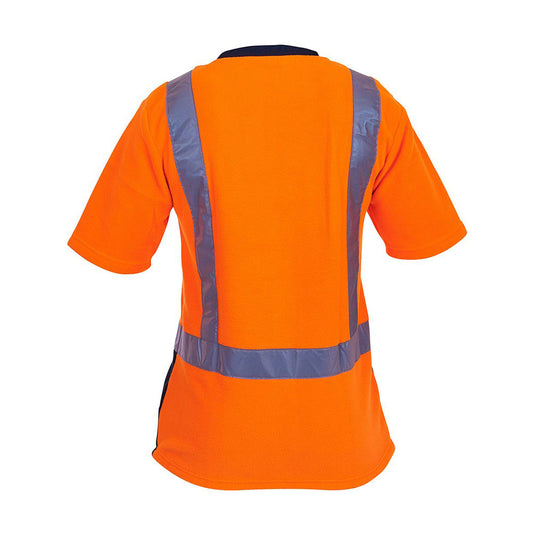 Caution Hi Vis Taped Fleece Crew Neck T-Shirt, featuring a bright orange back with two vertical reflective stripes and a horizontal waist band, designed for optimal visibility and safety.