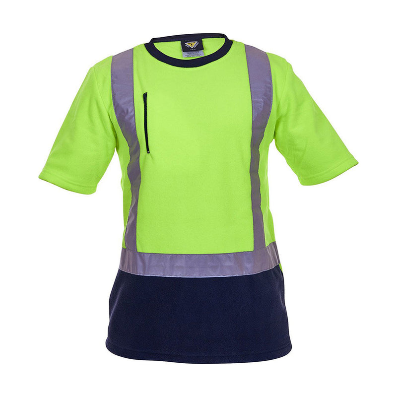 Load image into Gallery viewer, Caution Hi Vis Taped Fleece Crew Neck T-Shirt with reflective strips and a navy lower section. Features zipped chest pocket and dark panel for dirt concealment. Ideal for safety-focused work environments.

