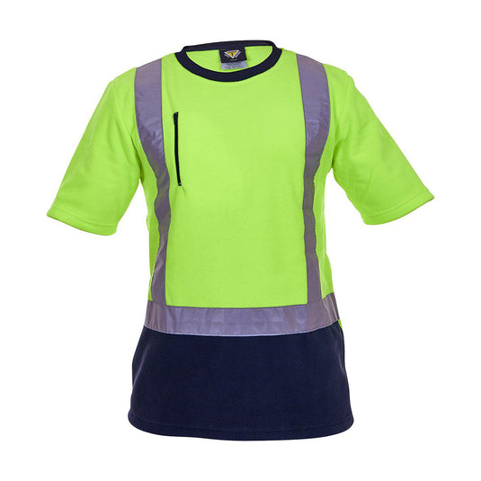 Caution Hi Vis Taped Fleece Crew Neck T-Shirt with reflective strips and a navy lower section. Features zipped chest pocket and dark panel for dirt concealment. Ideal for safety-focused work environments.