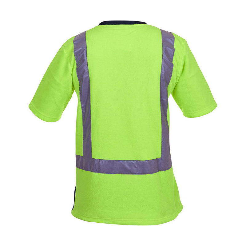 Load image into Gallery viewer, Caution Hi Vis Taped Fleece Crew Neck T-Shirt, featuring an “H” pattern of reflective strips on the back, includes a zipped phone pocket and dark lower front panel to hide dirt.
