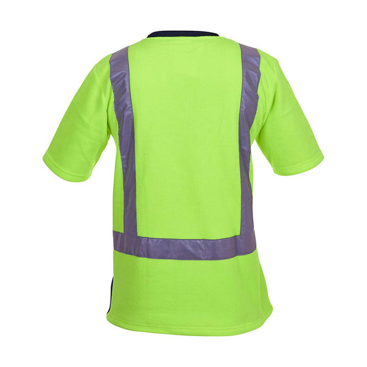 Caution Hi Vis Taped Fleece Crew Neck T-Shirt, featuring an “H” pattern of reflective strips on the back, includes a zipped phone pocket and dark lower front panel to hide dirt.