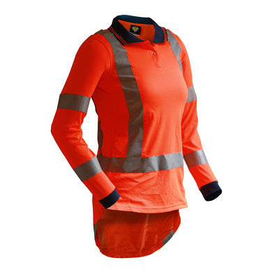 Caution Womens Hi Vis TTMC-W17 Long Sleeve Microfibre Polo features fluorescent orange fabric, reflective tape on torso, arms, and shoulders, with a dark collar and cuffs, ideal for workplace safety.