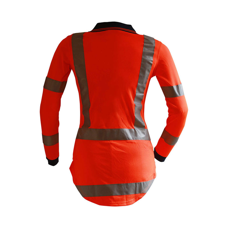 Load image into Gallery viewer, Caution Womens Hi Vis TTMC-W17 Long Sleeve Microfibre Polo features bright orange fabric with silver-gray reflective bands, a buttoned front, color-trimmed collar, dark cuffs, and a long back tail for enhanced visibility.
