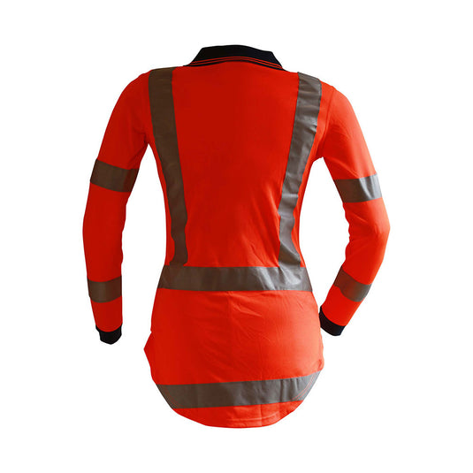 Caution Womens Hi Vis TTMC-W17 Long Sleeve Microfibre Polo features bright orange fabric with silver-gray reflective bands, a buttoned front, color-trimmed collar, dark cuffs, and a long back tail for enhanced visibility.