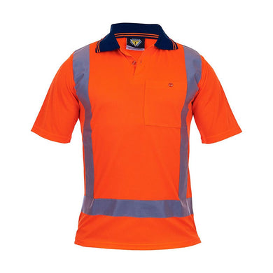 Caution Hi Vis TTMC-W17 Short Sleeve Polo Shirt features fluorescent orange microfibre with grey reflective bands, a dark-trimmed collar, and a buttoned chest pocket with pen slot, ideal for workplace safety.