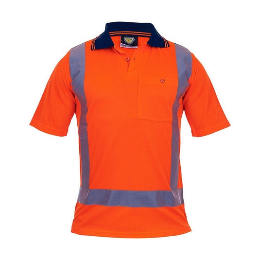 Caution Hi Vis TTMC-W17 Short Sleeve Polo Shirt features fluorescent orange microfibre with grey reflective bands, a dark-trimmed collar, and a buttoned chest pocket with pen slot, ideal for workplace safety.