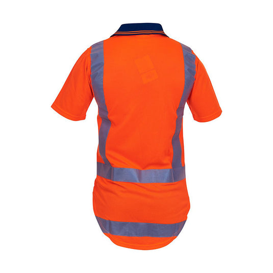 Caution Hi Vis TTMC-W17 Short Sleeve Polo Shirt, featuring a bright orange back with gray reflective striping around the torso and shoulders, designed for high visibility and safety compliance.