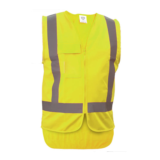 Caution Hi Vis Taped Yellow Safety Vest featuring a zip closure, long tail, chest cellphone pocket with flap, and clear ID pocket. Reflective stripes enhance visibility, certified for day/night safety compliance.