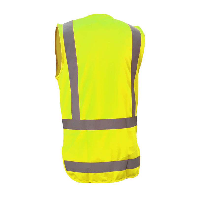Load image into Gallery viewer, Caution Hi Vis Taped Yellow Safety Vest features fluorescent yellow fabric with reflective grey stripes for visibility, a zip closure, long tail, cellphone and ID pockets, designed for day/night safety compliance.
