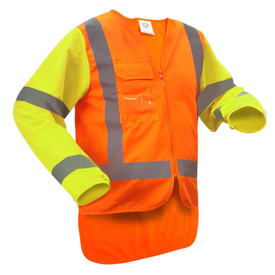 Caution Hi Vis MTC Safety Vest features bright orange with yellow sleeves and gray reflective stripes, a front zip closure, long tail, Velcro cuffs, and chest pocket with ID holder for enhanced visibility and functionality.