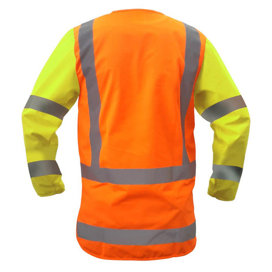 Caution Hi Vis MTC Safety Vest, Orange/Yellow, features long sleeves with Velcro cuffs, gray reflective bands, a front zip closure, and a chest pocket with ID holder, enhancing visibility for safety in work environments.