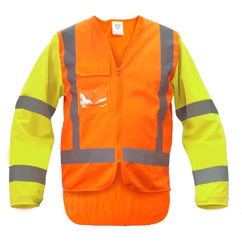 Load image into Gallery viewer, Caution Hi Vis MTC Safety Vest, Orange/Yellow: Long-sleeved, fluorescent vest with gray reflective tape, front zip, chest pocket with ID flap. Ideal for high visibility on construction sites, TTMC and NZFOA compliant.
