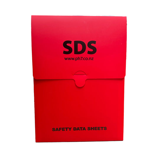 SDS Soft Pouch Wall Holder, Red, shown in an envelope style, designed to store up to 200 A4 sheets, features the “SDS” label and “www.ph7.co.nz” URL, ideal for safety data organization.