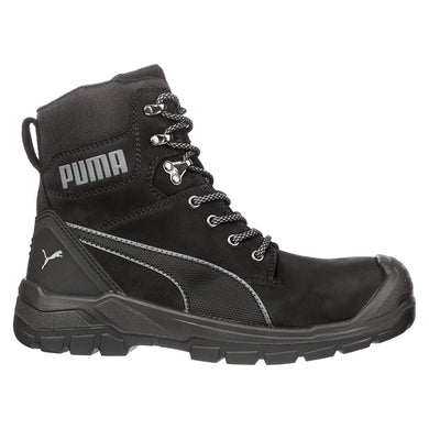 Puma Conquest Zip, Waterproof Safety Boots, Black; high-cut boots with zip side, featuring a waterproof nubuck leather upper, fibreglass toe cap, and heat-resistant rubber outsole for enhanced safety and durability.