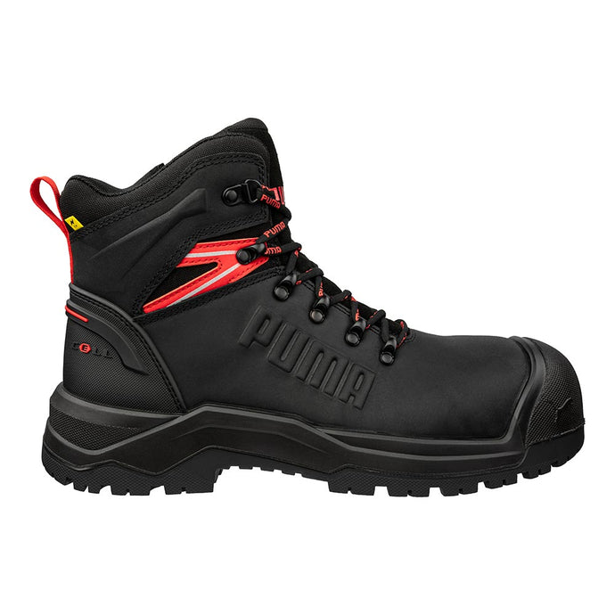 Puma Iron 6 Inch Zip Sided Safety Boot, Black, featuring a reinforced toe, red accents, metal lace hooks, and rugged outsole, ideal for construction and industrial workers seeking durability and style.