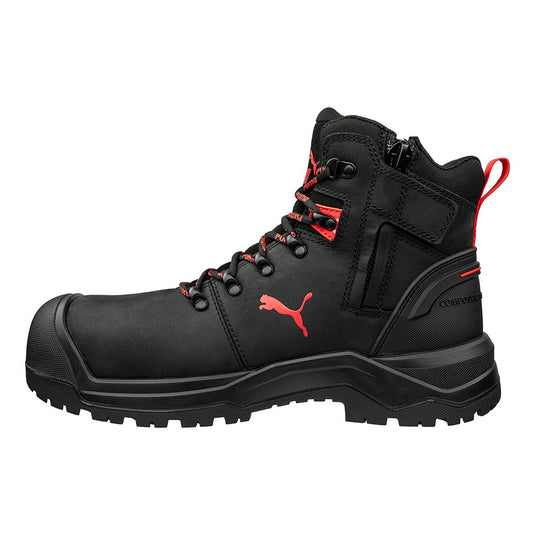 Puma Iron 6 Inch Zip Sided Safety Boot in black, featuring red Puma accents, rugged lug sole, metal lace hooks, side zipper, reinforced toe, and fibreglass safety enhancements for optimal durability and comfort.