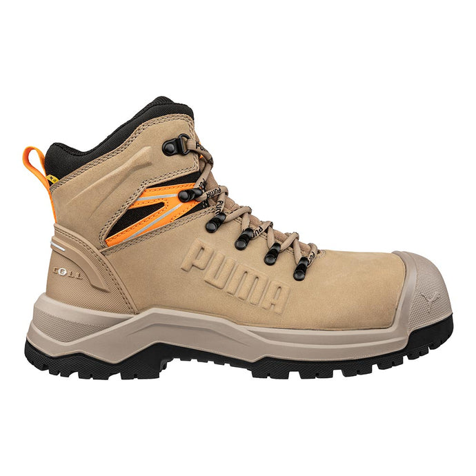 Puma Iron 6 Inch Zip Sided Safety Boot, Stone, features a tan leather upper with rugged black outsole, reinforced toe, and orange accents, embodying durability and style for safety-focused professionals.