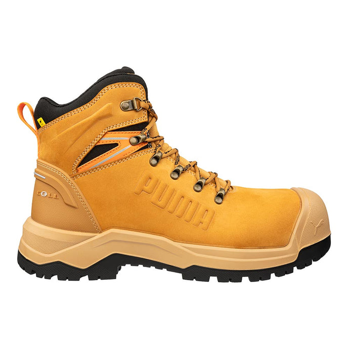 Puma Iron 6 Inch Zip Sided Safety Boot in wheat, featuring a rugged design with a thick lugged outsole, metal eyelets, and reinforced toe for durability and protection.