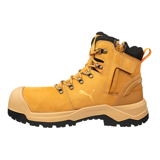 Puma Iron 6 Inch Zip Sided Safety Boot, Wheat, features a composite-toe, side zipper, and lugged tread. Ideal for durability and comfort, perfect for construction with stylish Puma design.
