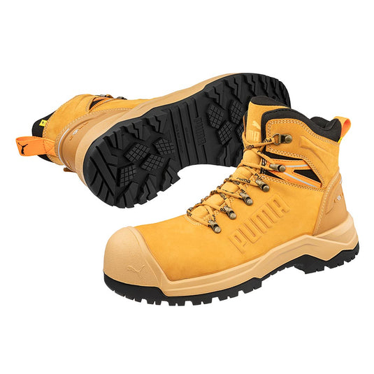 Puma Iron 6 Inch Zip Sided Safety Boot in wheat nubuck features a chunky black rubber outsole, metal eyelets, padded collar, and reinforced toe, blending durability and style for active safety.