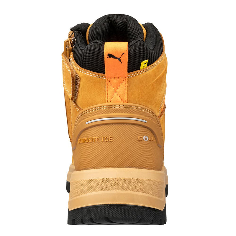 Load image into Gallery viewer, Puma Iron 6 Inch Zip Sided Safety Boot, Wheat: Rear view showing tan nubuck leather, black padded collar, orange pull-tab with logo, and COMPOSITE TOE marking, exemplifying durability and style for safety professionals.
