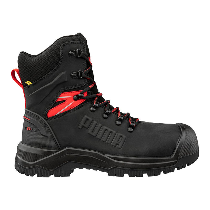Puma Iron HD 8 Inch Zip Sided Safety Boot, Black, with red accents, rugged lug sole, and fibreglass toe cap—ideal for heavy-duty use, embodying style, durability, and all-day comfort.