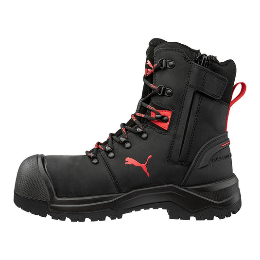 Puma Iron HD 8 Inch Zip Sided Safety Boot, Black: Rugged work boot with a black and red design, featuring a lace-up front, side zipper, composite toe cap, and lugged outsole for superior safety and comfort.