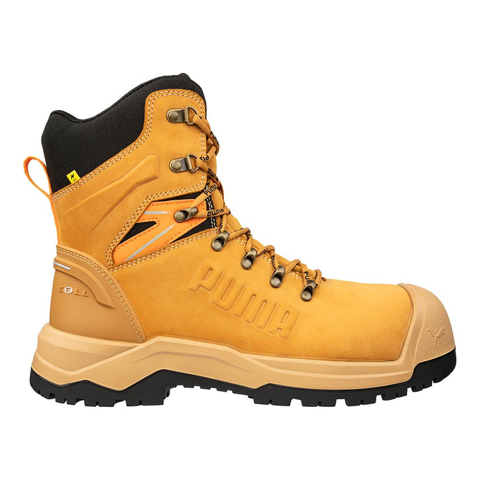 Puma Iron HD 8 Inch Zip Sided Safety Boot, Wheat features a tan high-top design with metal eyelets, rugged black outsole, reinforced toe, and side branding, ideal for safety and comfort.