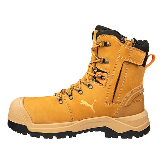 Puma Iron HD 8 Inch Zip Sided Safety Boot in wheat color features a rugged black outsole, metal lace hooks, padded collar, and Puma logo, offering style, safety, and comfort for demanding work environments.