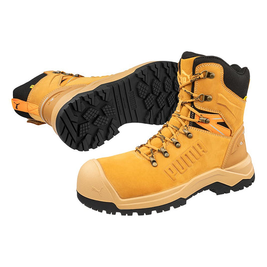 Puma Iron HD 8 Inch Zip Sided Safety Boot, Wheat: Tan lace-up work boots with rugged black outsole, reinforced toe caps, fibreglass protection, and sleek design for durability and comfort on the job.