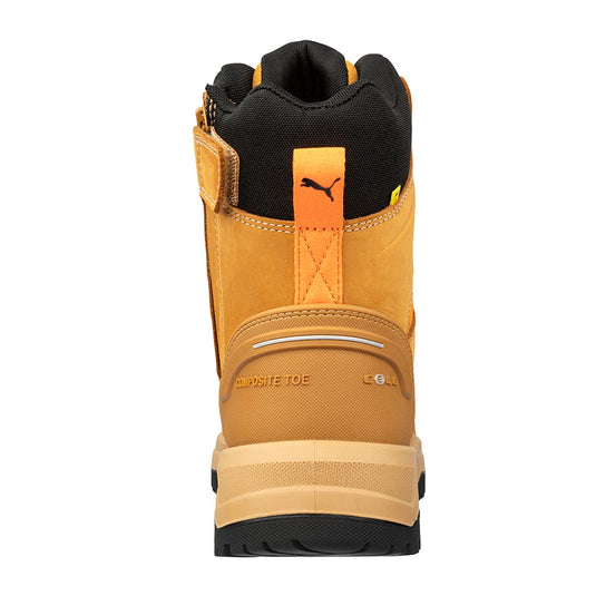 Back view of Puma Iron HD 8 Inch Zip Sided Safety Boot, Wheat, showcasing a sturdy rubber sole, padded collar, side zip, Velcro closure, and Puma logo on the heel pull-tab.