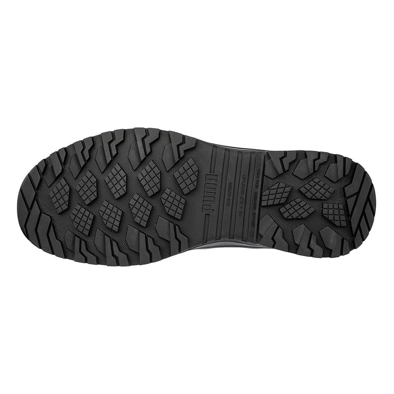 Load image into Gallery viewer, Underside view of the Puma Iron HD 8 Inch Zip Sided Safety Boot, showcasing a rugged, lugged rubber tread with a molded PUMA logo, designed for superior traction and workplace safety.
