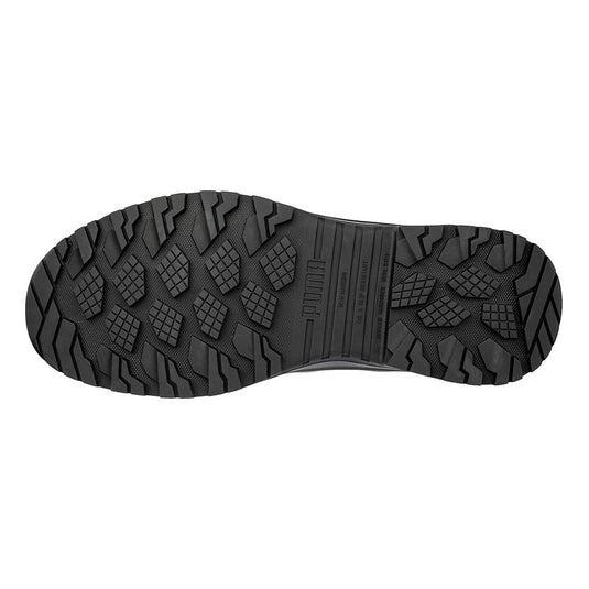 Underside view of the Puma Iron HD 8 Inch Zip Sided Safety Boot, showcasing a rugged, lugged rubber tread with a molded PUMA logo, designed for superior traction and workplace safety.