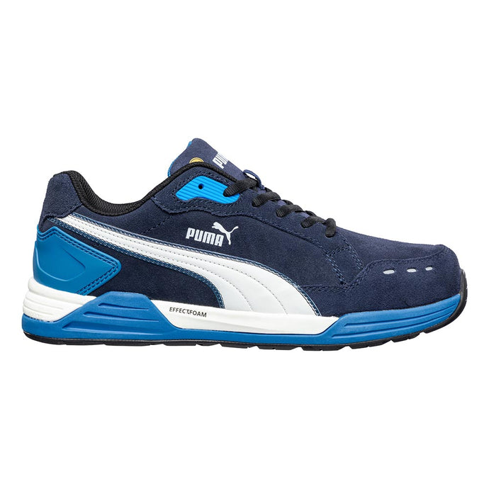 Puma Airtwist Safety Shoe, Blue/White, showcasing navy suede with blue and white accents, features a low-top design, Puma Formstrip, and EFFECT.FOAM cushioning, ideal for safety and comfort in active workplaces.