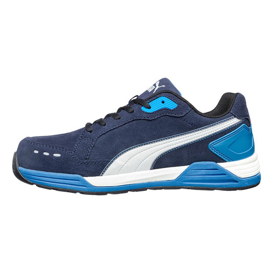 Puma Airtwist Safety Shoe, Blue/White, features a navy-blue suede upper with black laces, bright blue heel accents, a white midsole stripe, and a distinctive Puma side logo, showcasing its sleek, safety-oriented design.