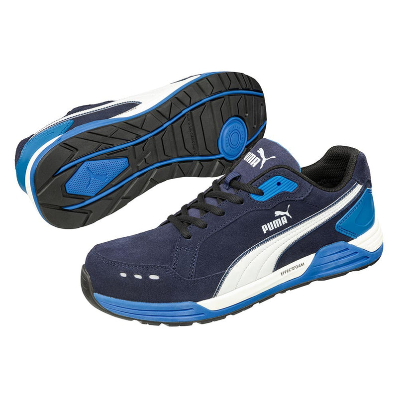 Load image into Gallery viewer, Puma Airtwist Safety Shoe, Blue/White: Low-cut athletic sneakers with a white form-stripe, lace-up design, patterned rubber outsole, and water-repellent suede leather upper, ideal for workplace safety and comfort.

