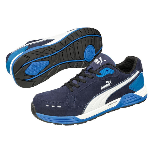 Puma Airtwist Safety Shoe, Blue/White: Low-cut athletic sneakers with a white form-stripe, lace-up design, patterned rubber outsole, and water-repellent suede leather upper, ideal for workplace safety and comfort.