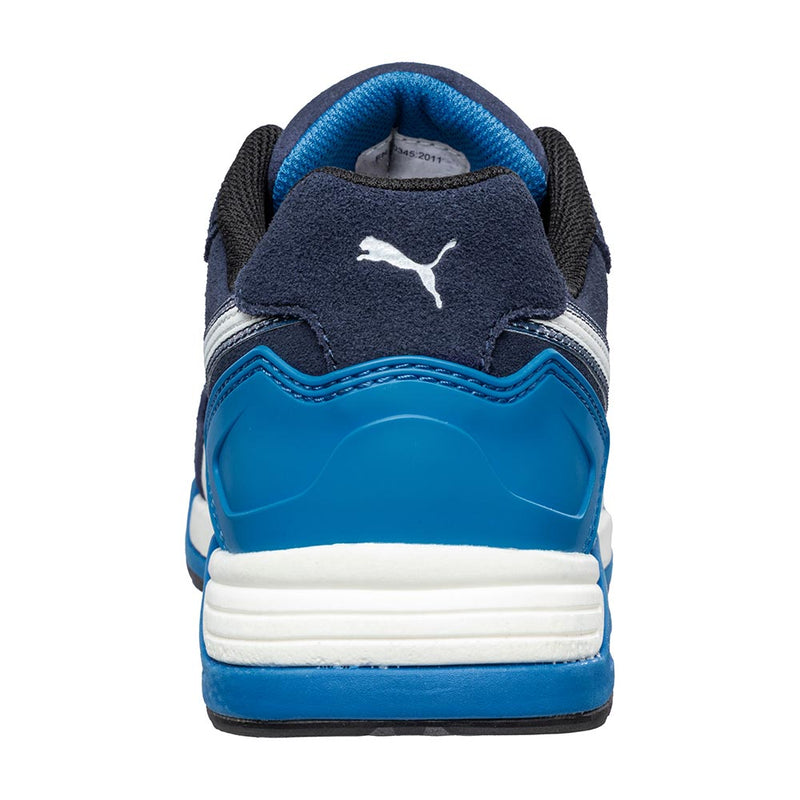 Load image into Gallery viewer, Puma Airtwist Safety Shoe, Blue/White, rear view highlighting its blue heel counter and midsole, white midsole band, black lining, and white Puma logo on dark-blue suede heel tab.
