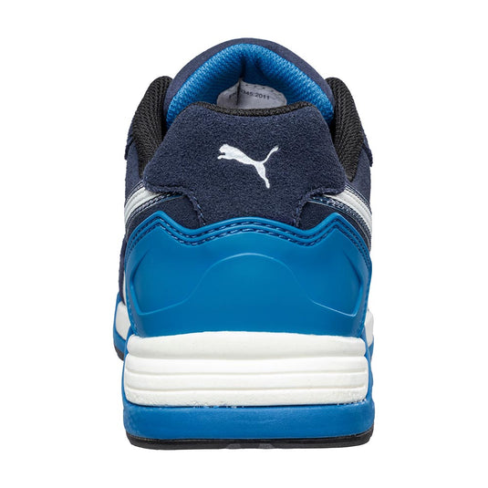 Puma Airtwist Safety Shoe, Blue/White, rear view highlighting its blue heel counter and midsole, white midsole band, black lining, and white Puma logo on dark-blue suede heel tab.